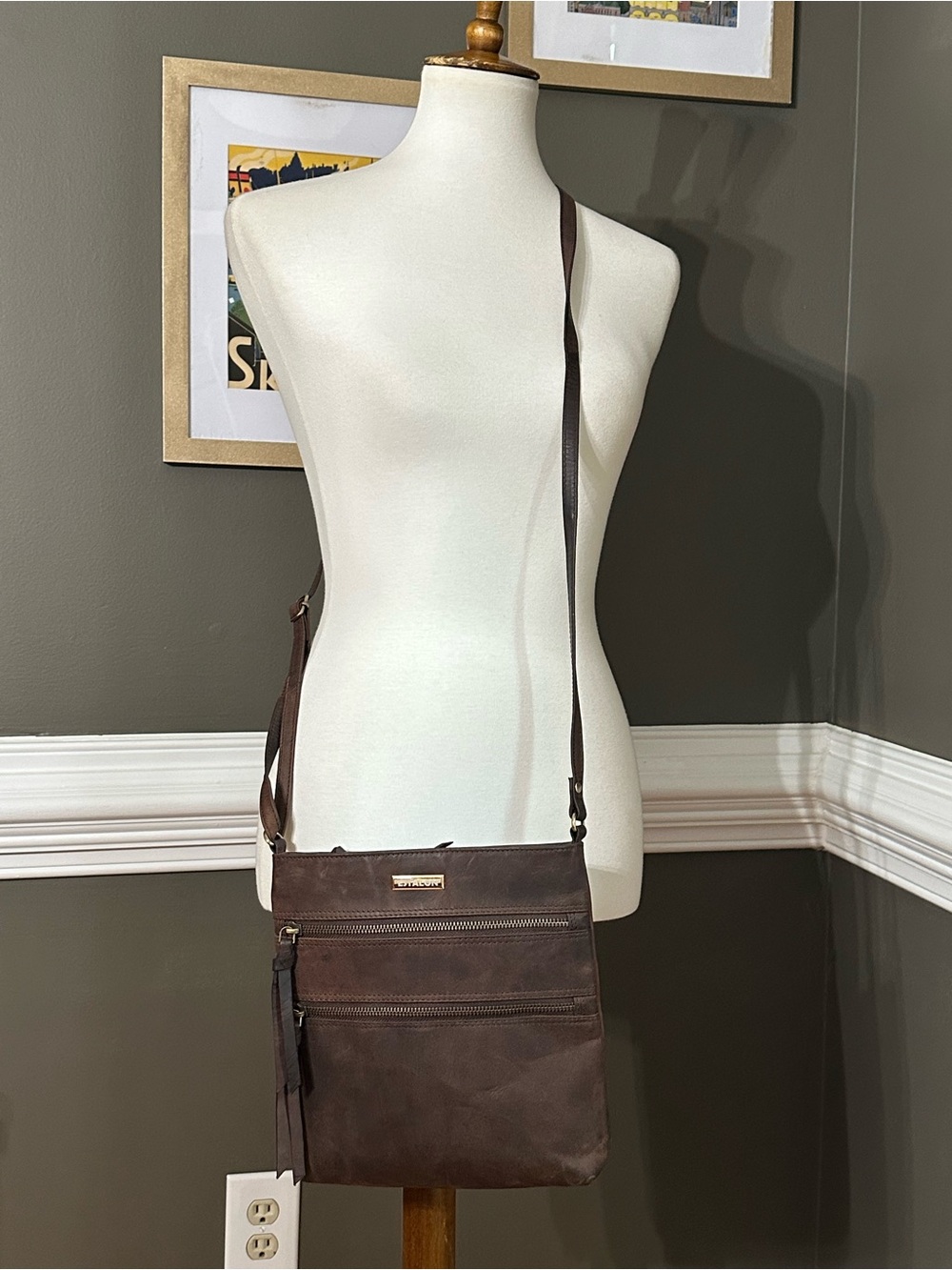 Estalon Brown Distressed Leather Crossbody Bag with Adjustable Strap